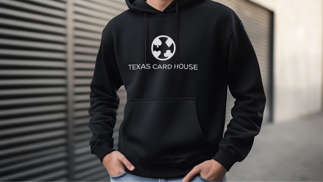 Texas Card House logo on a black hoodie